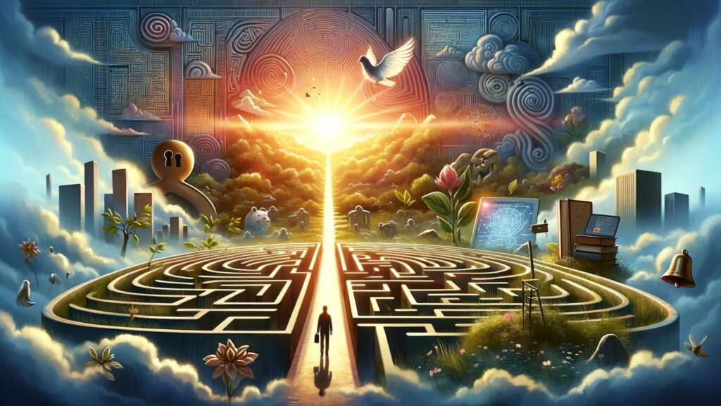 A figure stands at the edge of a maze, looking towards a sunlit path, symbolizing the journey of overcoming stress towards serenity.