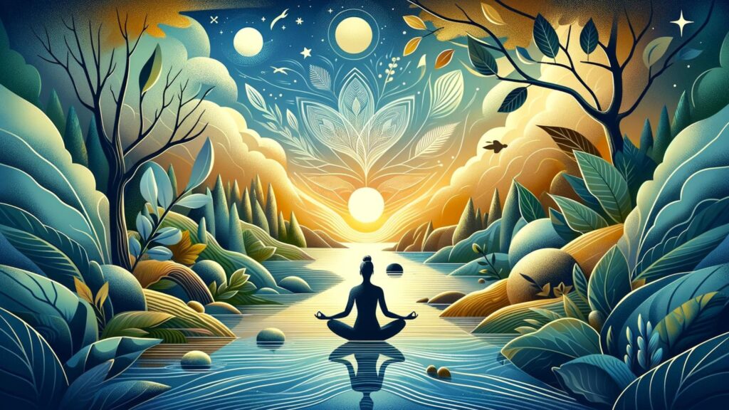 A serene depiction of mindfulness mastery, with imagery of meditation, deep breathing, and a tranquil natural setting, symbolizing the journey towards mental wellness.