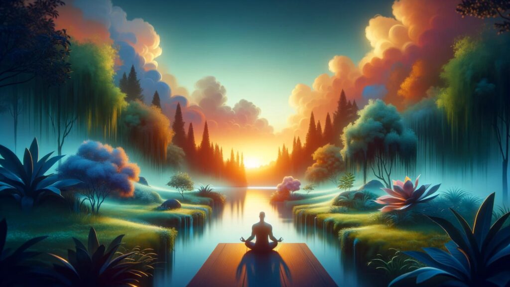 A serene landscape with a person in meditation, symbolizing stress management and serenity.