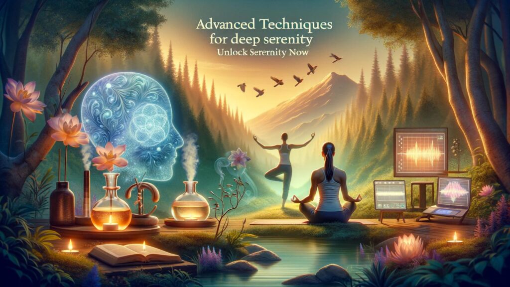A tranquil scene integrating yoga, Tai Chi, aromatherapy, and biofeedback technologies in a serene garden, symbolizing advanced stress management techniques.