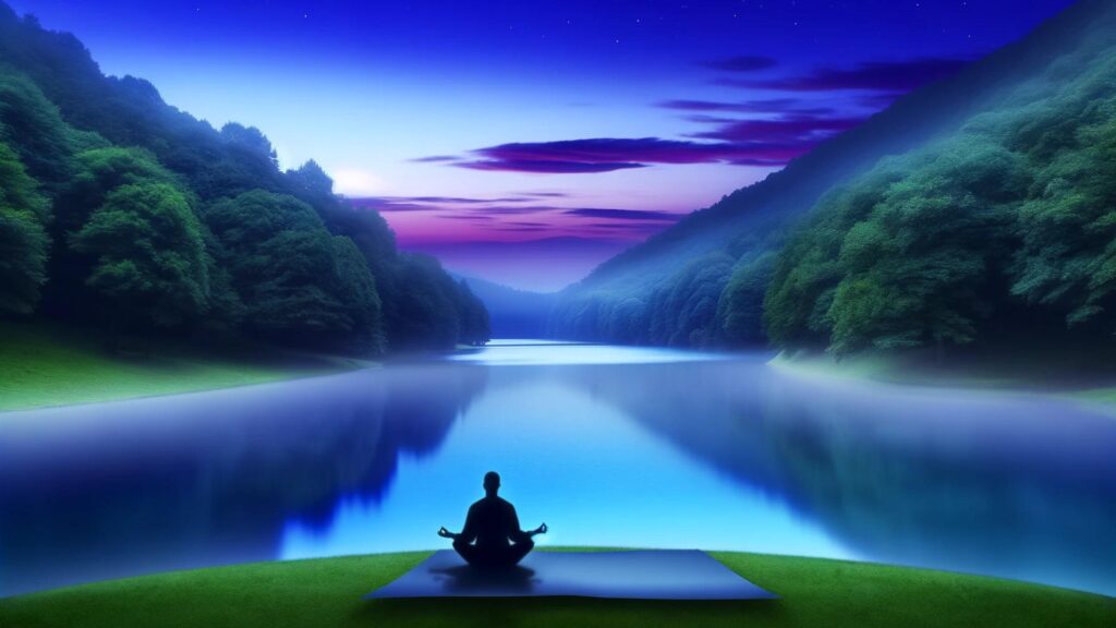A tranquil scene with an individual meditating by a serene lake, symbolizing the journey towards stress management and serenity.
