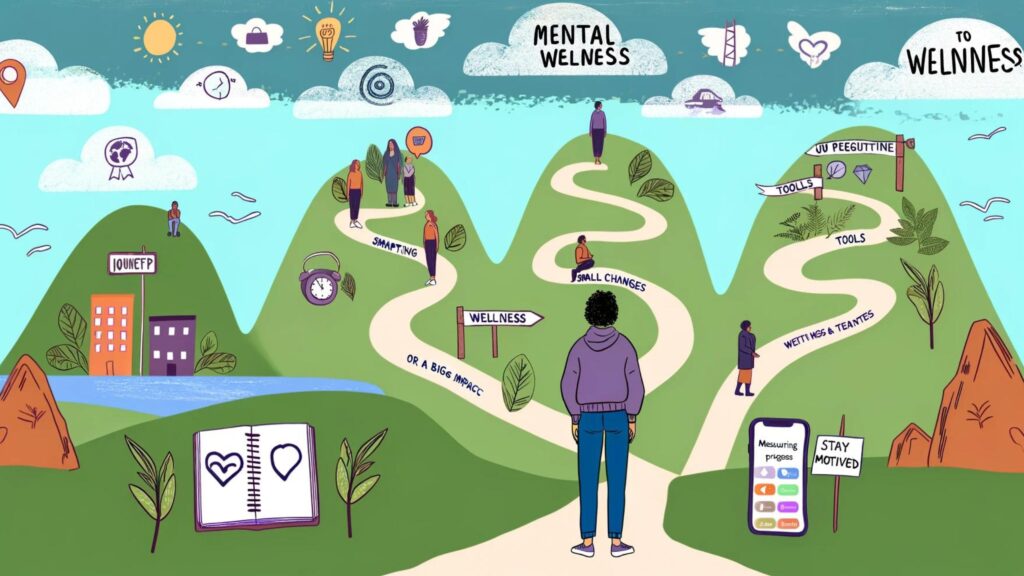 A visual depiction of the journey to implement mental wellness secrets, featuring a path through various landscapes with symbols of progress and support.