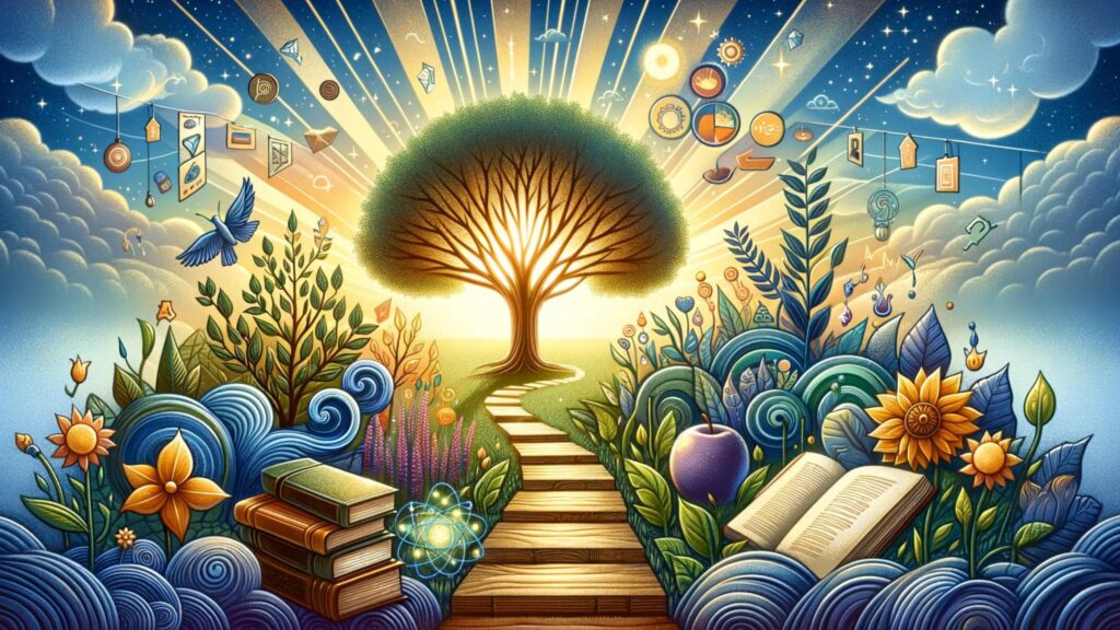 A visual metaphor for continuous personal growth, featuring a flourishing garden and a path towards enlightenment, symbolizing the journey of mental wellness.