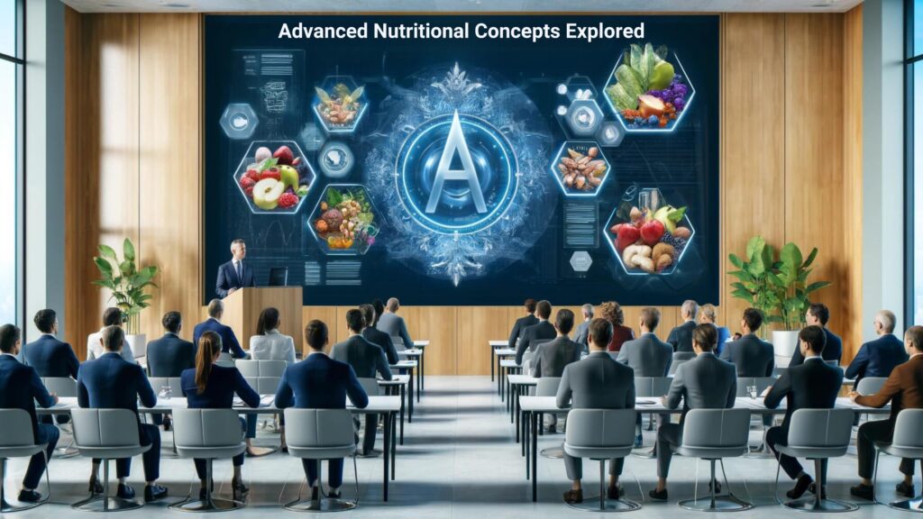 Experts discuss advanced nutritional concepts in a seminar setting with visual aids on micronutrients.