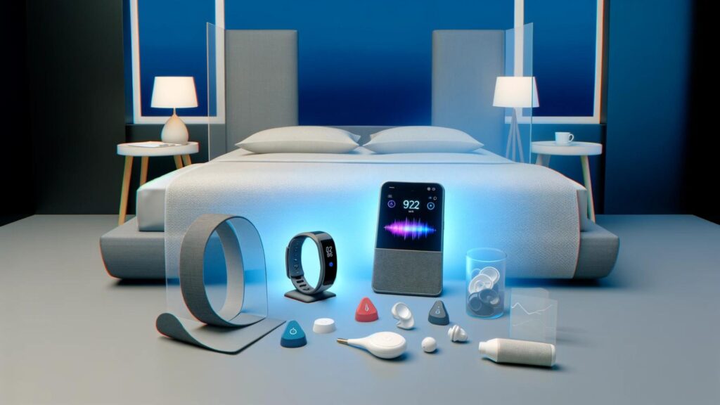 Advanced bedroom with high-tech sleep aids like a smart sleep tracker and ambient sound devices.