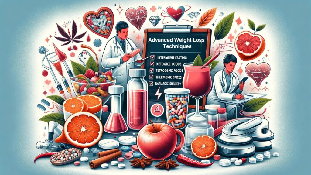 Collage of advanced weight loss techniques including keto foods, fasting, and bariatric surgery.