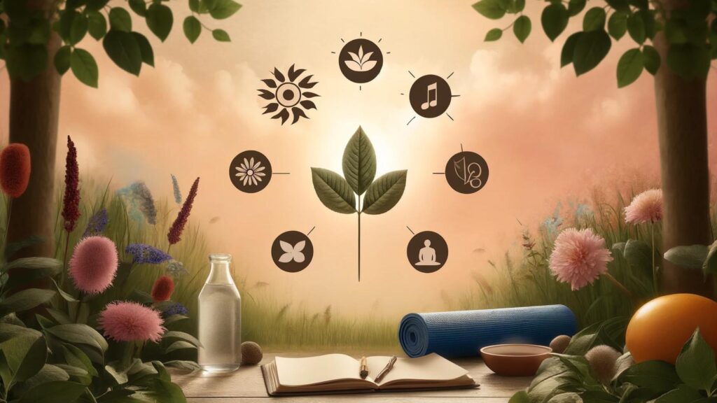 Symbols of natural remedies for mood disorders set in a serene nature scene, promoting wellness.