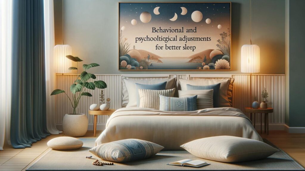 Peaceful bedroom with meditation cushions, a journal, and calming artwork for psychological sleep improvements.