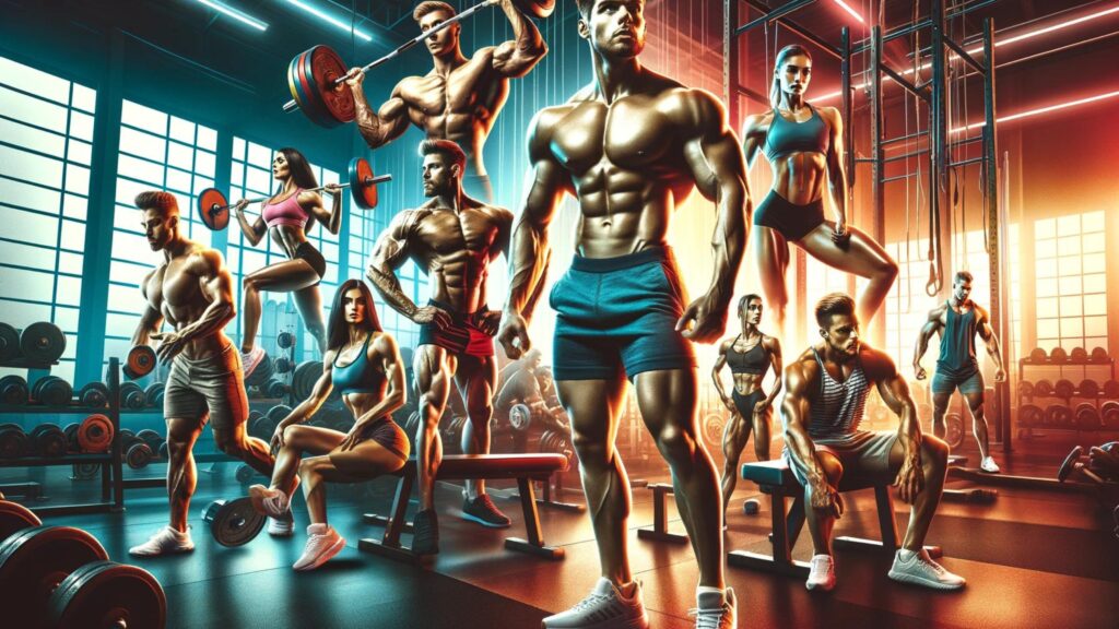 Bodybuilding: Diverse bodybuilders lifting weights, showcasing strength and determination in a gym.