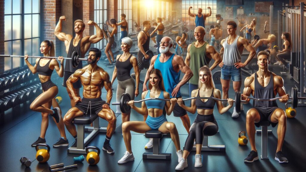 Diverse individuals of various ages and backgrounds engaging in bodybuilding exercises in a vibrant gym.