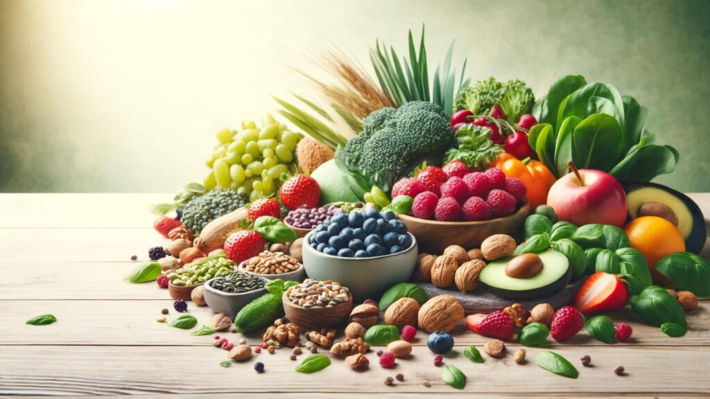 A variety of superfoods like berries, nuts, and greens displayed on a wooden table, symbolizing energy and vitality through diet.