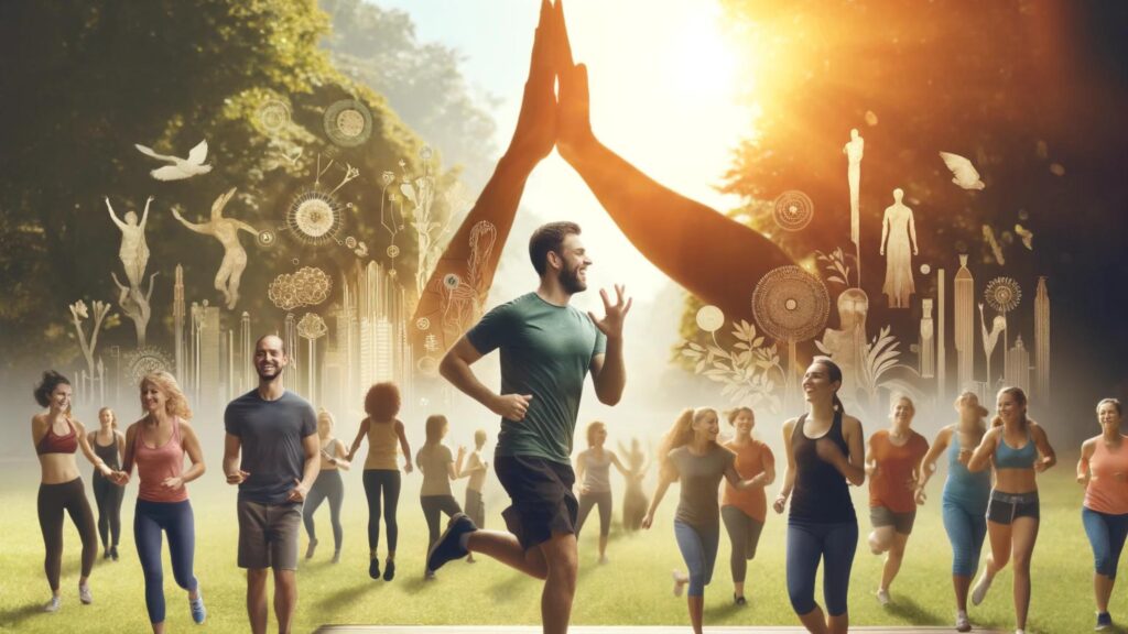 Joyful, diverse individuals engaging in cardio workouts in a park, showcasing the uplifting psychological benefits.