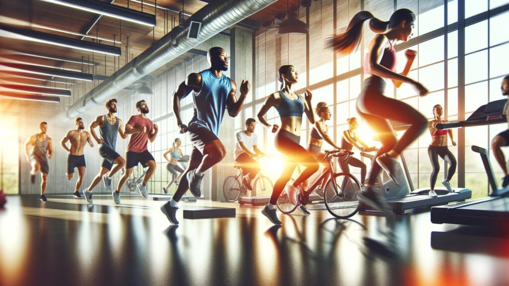 Diverse group exercising in a gym, performing cardio workouts like running and cycling, promoting fitness.