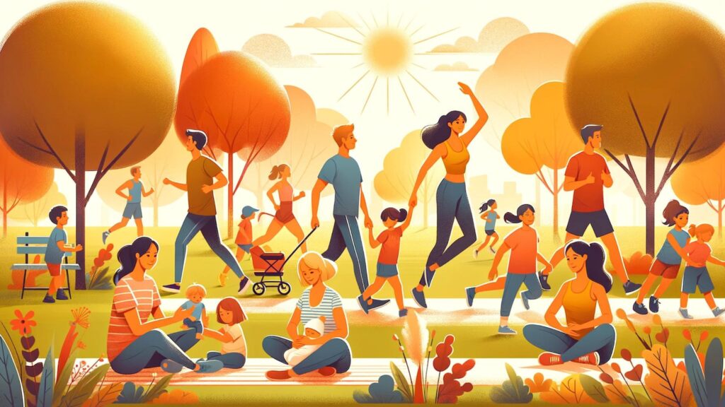 Child and Adolescent Health: Diverse group of parents and children engaging in outdoor activities like playing in a park, jogging, and doing yoga on a sunny day.