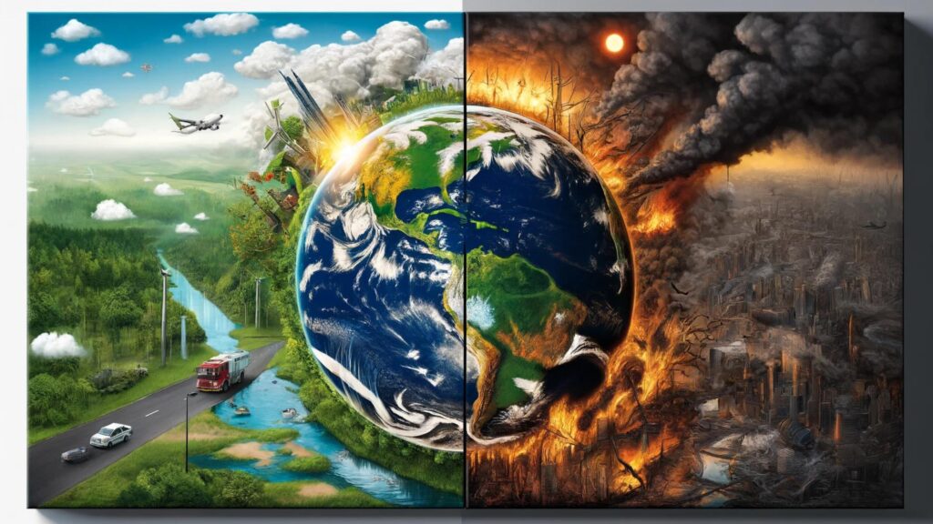 Planet Earth depicting the stark contrasts of climate change with scenes of flooding, wildfires, and thriving greenery.
