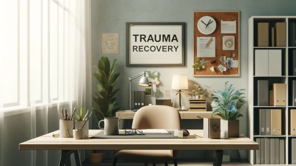 Tranquil office space designed for trauma recovery support, featuring plants and mental health resources.