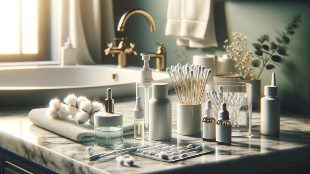 A serene bathroom setup displaying essential ear care products for daily hygiene.