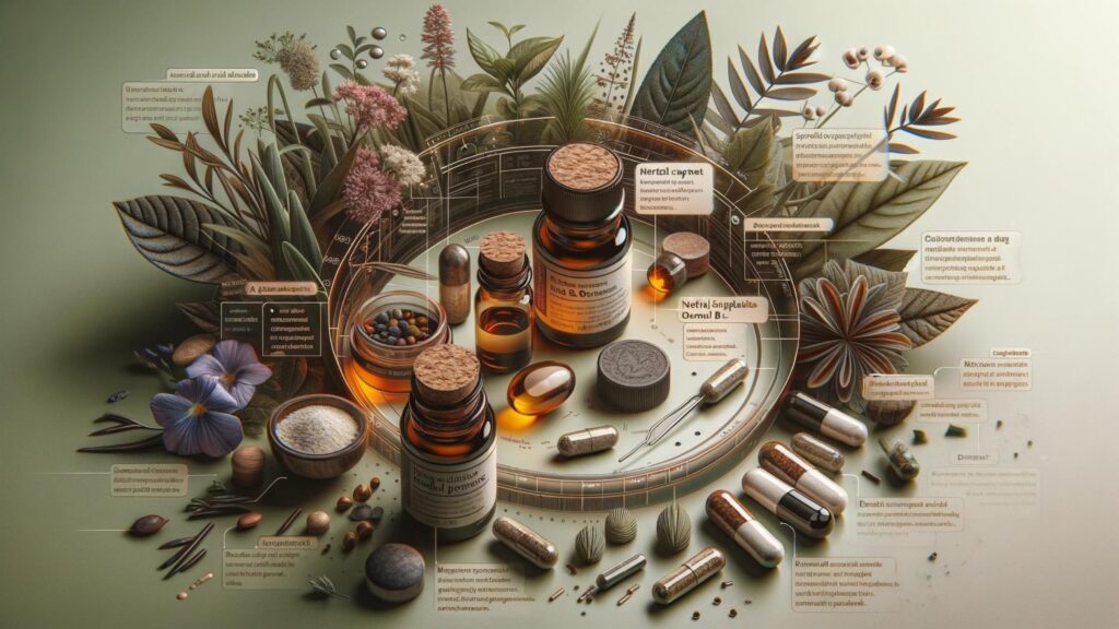 Close-up view of essential oils, herbal capsules, and supplements for mood disorders, annotated with benefits.
