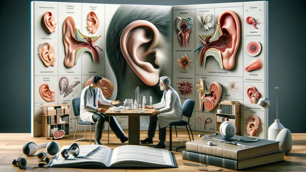 Doctor consulting with patient about ear conditions, using ear models and diagrams in a medical office.