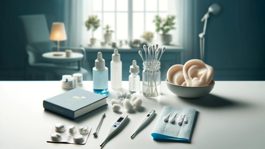 Assorted ear care tools on a table, promoting healthy hearing.