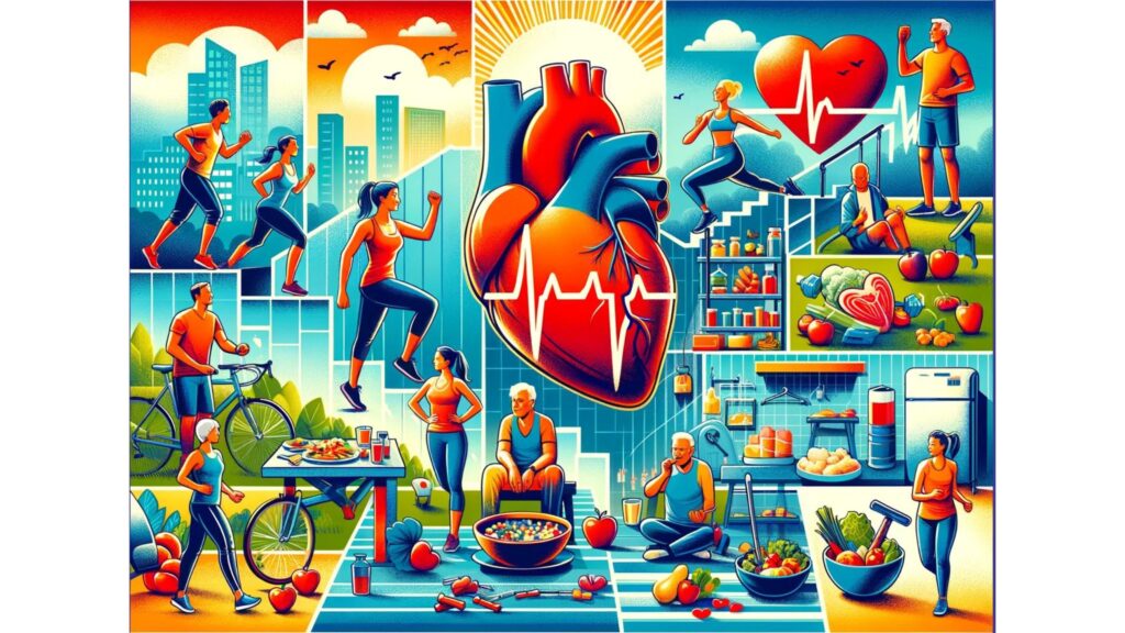 Diverse individuals engaging in exercise, healthy eating, and avoiding smoking for heart health.