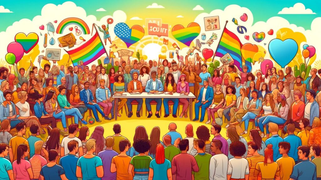 Diverse group with various backgrounds, showcasing unity in a setting adorned with rainbow flags and educational materials.