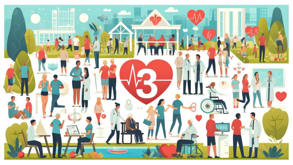 Heart Health: Diverse people engaging in heart-healthy activities in a community setting.