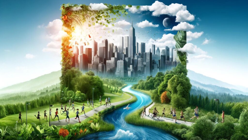 Image of a city blending into a green forest with people enjoying outdoor activities, symbolizing a commitment to environmental health.