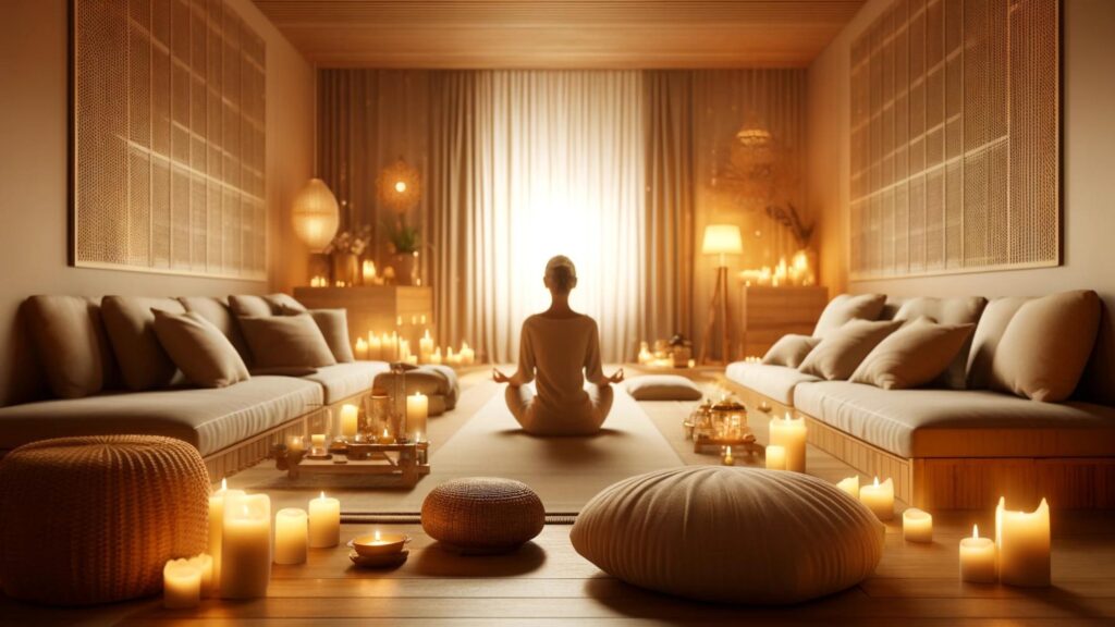 Yoga and Meditation: Serene meditation space with candles and cushions, ideal for yoga and relaxation.