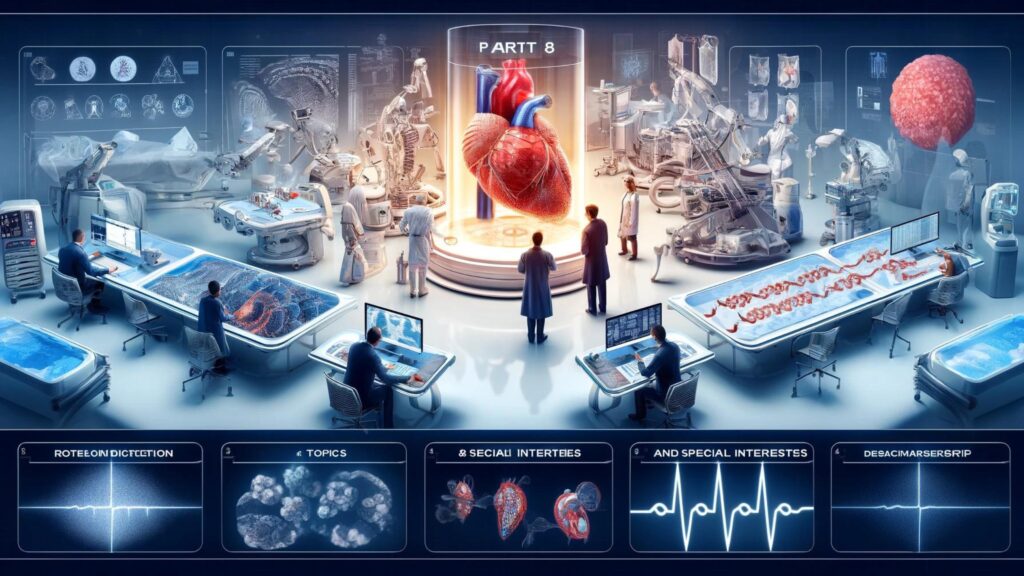 Advanced medical research and technologies in cardiology, including robotic surgery and genetic studies.