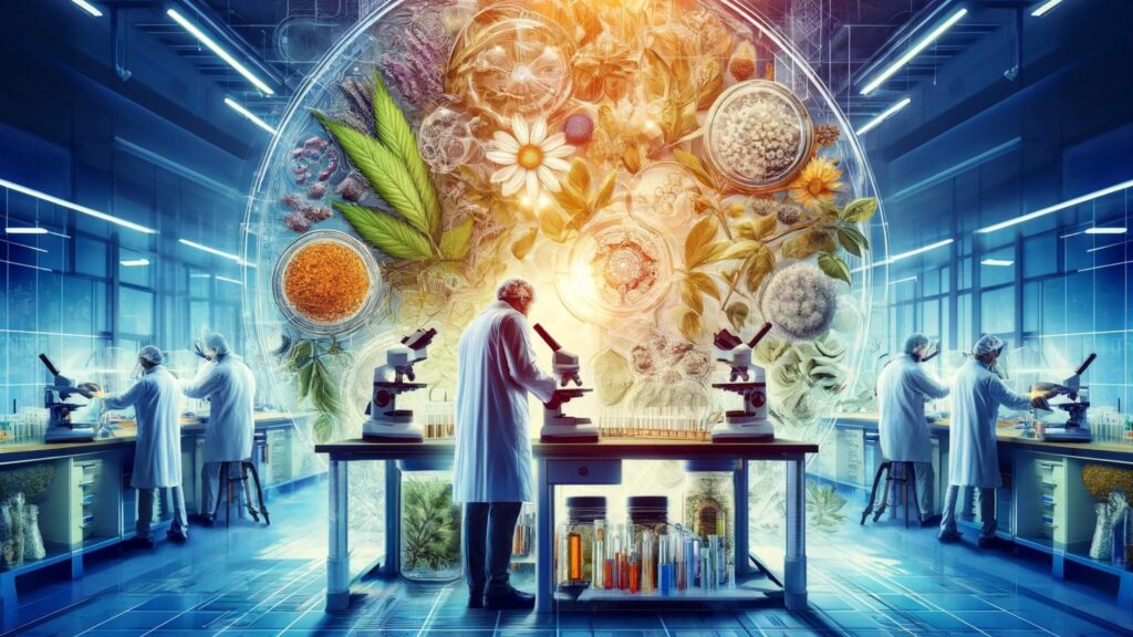 Scientists in a lab analyzing herbal remedies with a fusion of traditional and modern techniques.