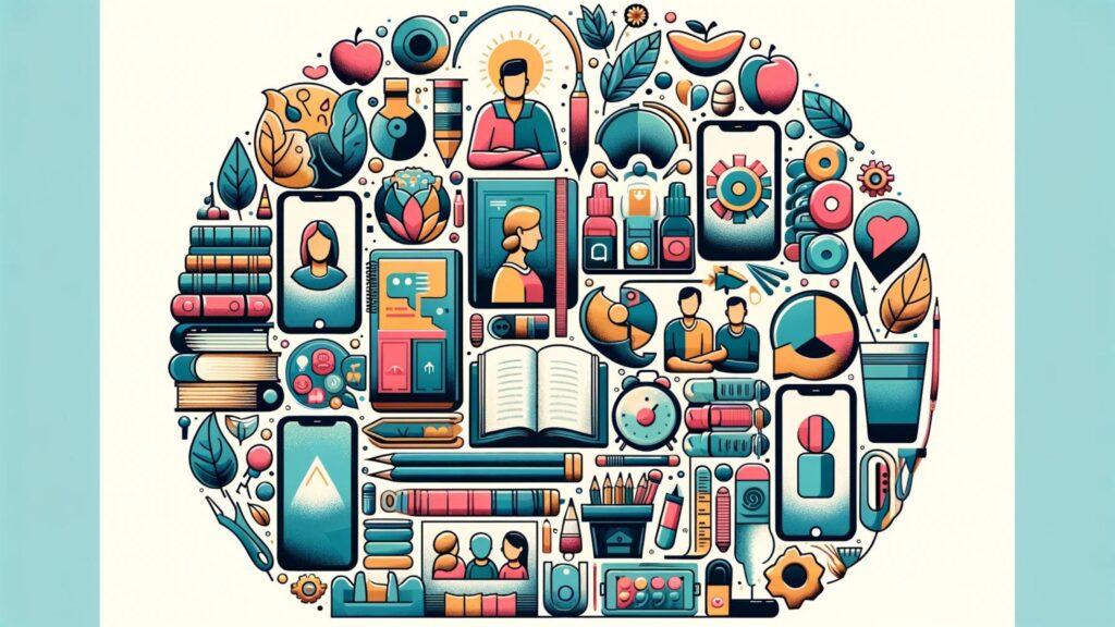 Illustration of diverse therapeutic tools like books, apps, and therapy equipment in a calm setting.