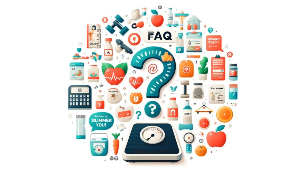 Infographic featuring FAQs on weight loss, with icons for scales, healthy food, and exercise gear.