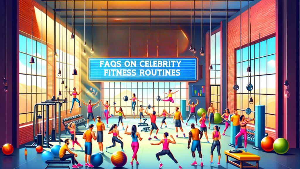 Diverse group engaged in various fitness routines in a modern, vibrant fitness studio, demonstrating celebrity-endorsed workouts.