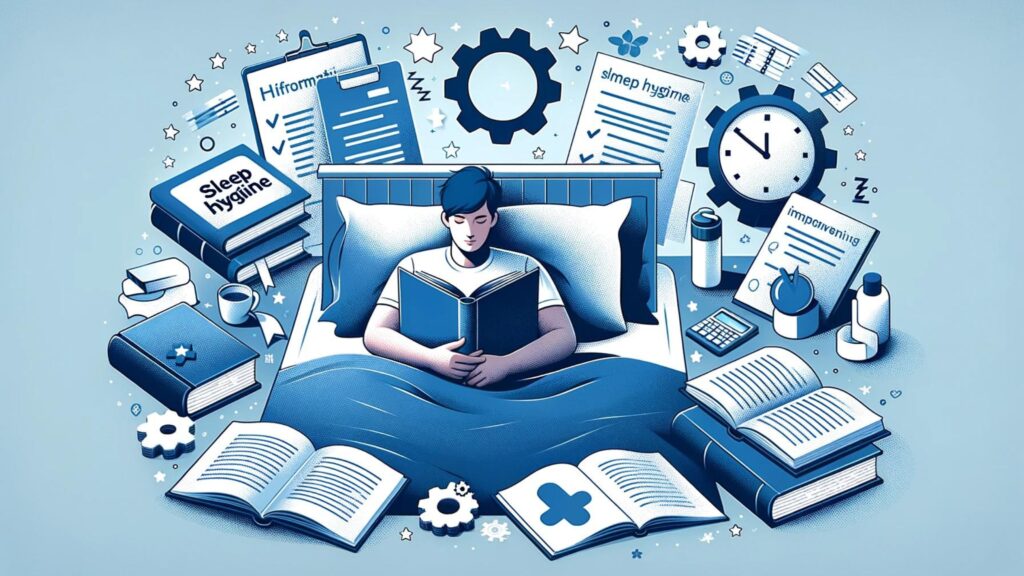 Person reading a book in bed, surrounded by notes and books on sleep hygiene, illustrating proactive learning.