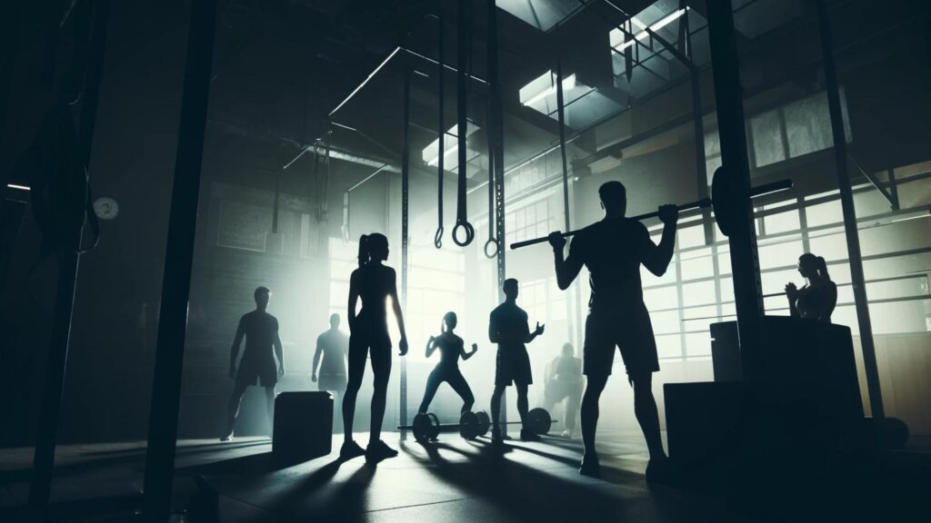 Shadowy gym scene with individuals engaging in secretive, high-level exercises, emphasizing exclusivity.