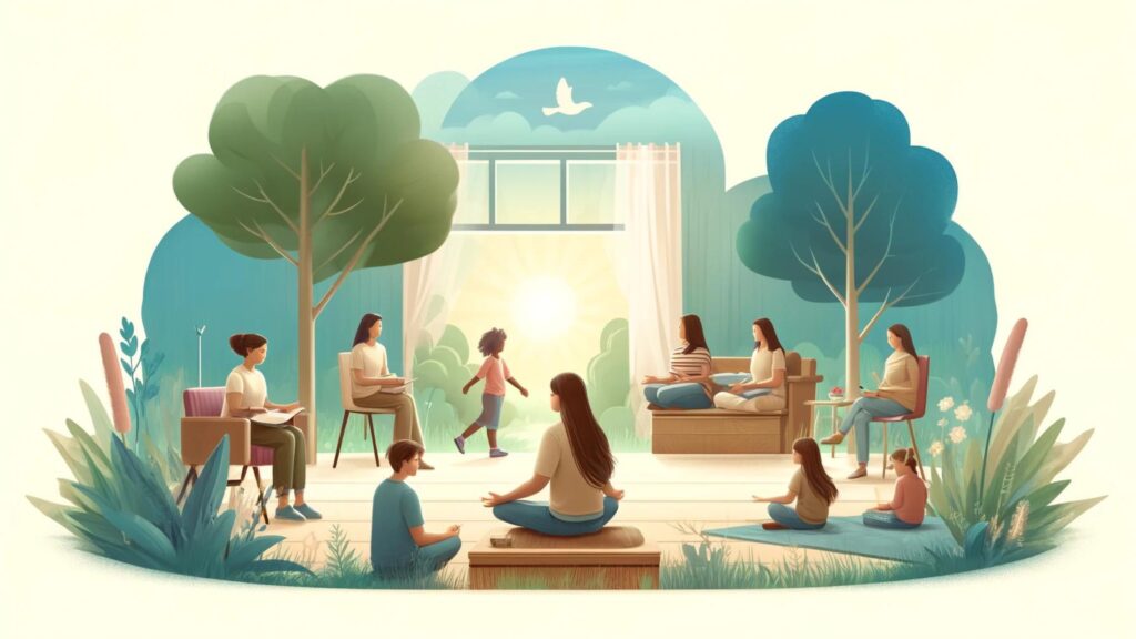 Diverse young individuals engage in meditation, journaling, and discussions in a tranquil setting.