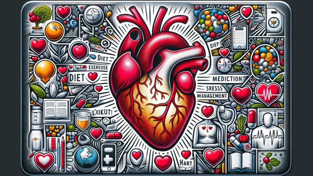 Illustration of core elements of heart health including diet, exercise, and stress management.