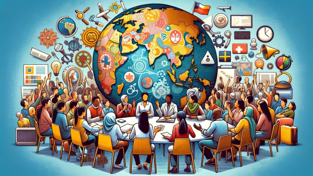 Diverse individuals engage in a global sexual health dialogue, surrounded by cultural symbols and a world map.
