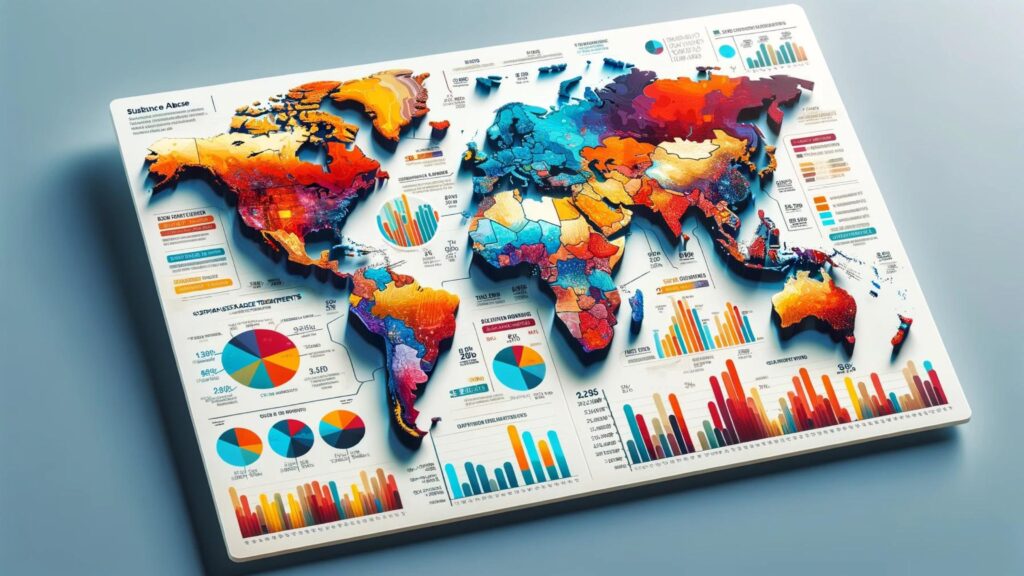 World map highlighting global substance abuse trends and statistics with colorful regional data and charts.