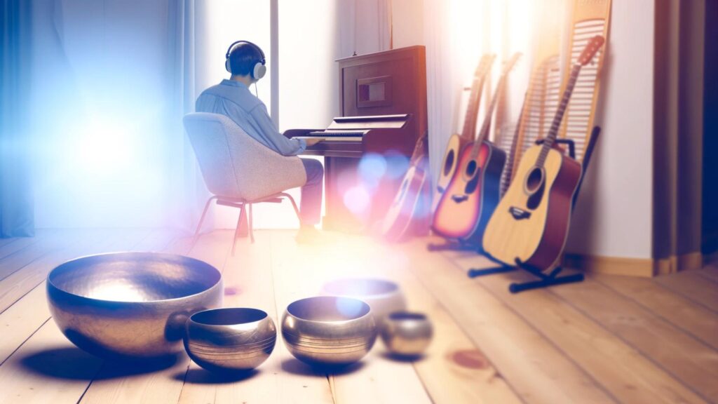 Serene music therapy room with a person using headphones surrounded by instruments, promoting trauma healing.