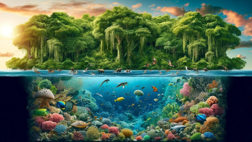 Seamless blend of a lush forest and vibrant coral reef showcasing diverse wildlife in their natural habitats.