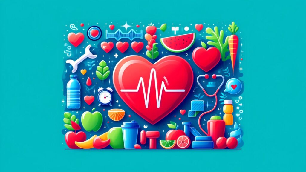 Heart Health: Healthy lifestyle elements form a heart shape, promoting heart vitality.
