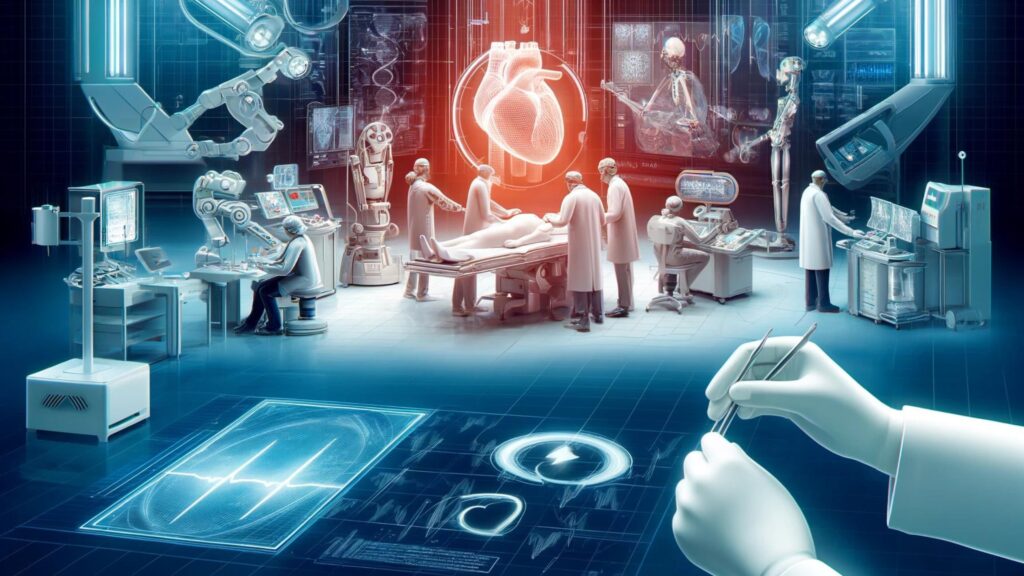 Cutting-edge medical technologies in cardiology featuring robotic surgery and wearable heart monitors.