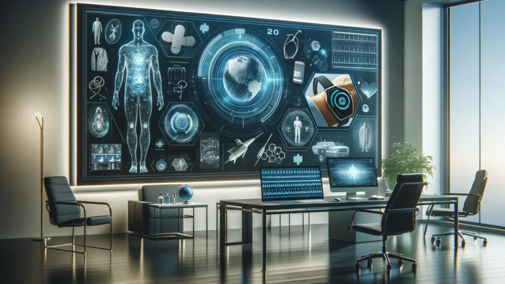 Cutting-edge men's health technologies depicted with wearable devices and telemedicine in a sleek, modern setting.