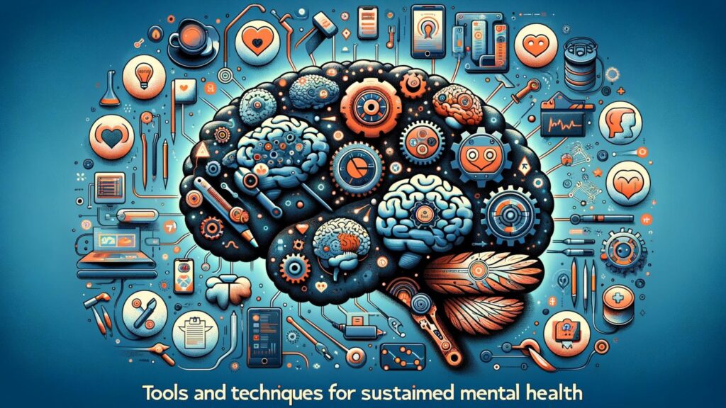 Innovative tools and techniques for sustained mental health, highlighting positive thinking and technology.