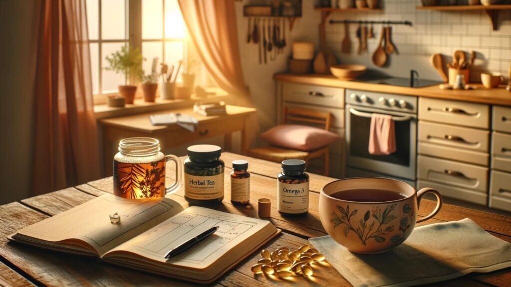 Kitchen scene with herbal tea, omega-3 supplements, and a yoga mat illustrating daily integration of natural remedies.