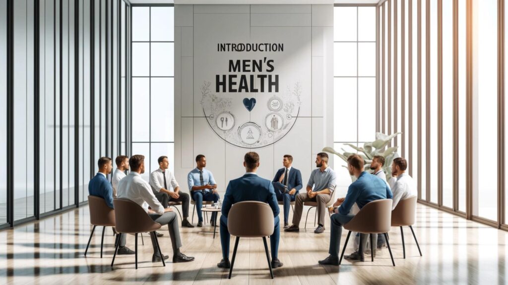 Diverse group of men discussing health in a modern, bright meeting room, symbolizing proactive men's health education.