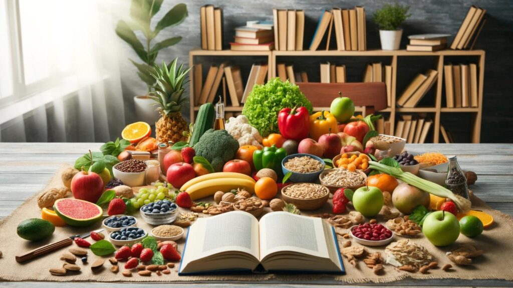 Nutrition and Diet: An assortment of healthy foods including fruits, vegetables, nuts, and grains on a table with nutrition books in the background.