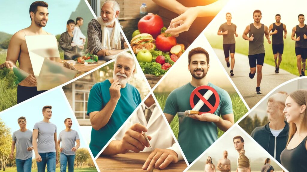 Men of various ages engaging in healthy activities: choosing nutritious meals, exercising outdoors, and participating in a no-smoking campaign.